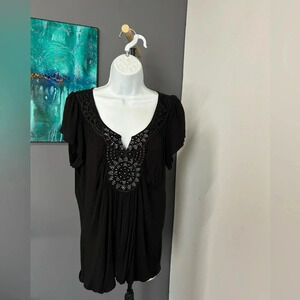Women’s Large Sequin Black Top Ballon Hem Flutter Sleeve Stretch Whimsigoth Boho